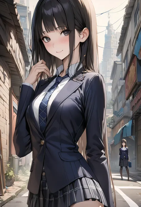 Fantasy art、((masterpiece,best quality anime,Highest quality:1.3)),realistic,portrait,1woman,(Mature Beauty),((very small head:1.4)),((very long body:1.3)),long hair,black hair,bangs,(gorgeous big eyes),black eyes,smile,(School uniform、Dark blue blazer jac...