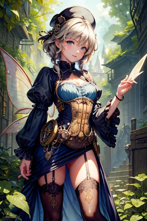 Childrens book illustration, hyper detailed airbrush by pino daeni, Macro photography of a very cute, very beautiful and charming steampunk fairy with expressive eyes, perfect face, standing on a branch, cute, Shape A (short erotic steampunk fairy outfit),...