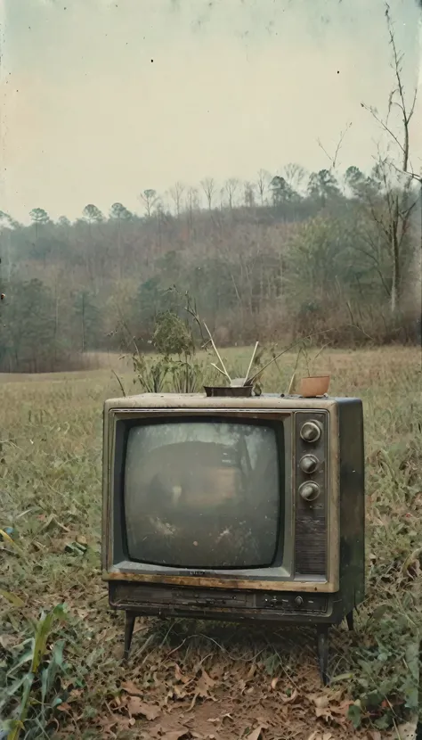 A weathered old TV set, muted color palette, Georgia countryside landscape, film grain texture