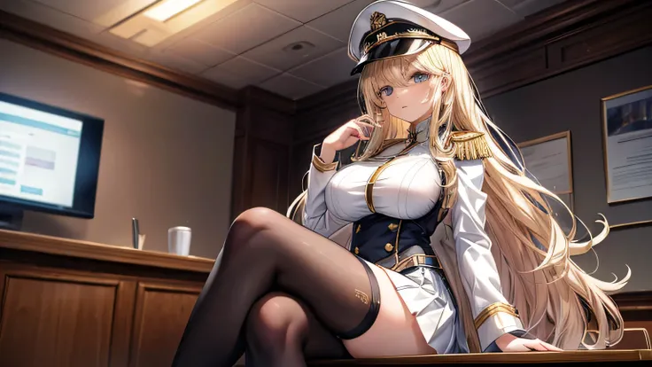 masterpiece, high quality, A beautiful woman sitting next to a meeting table, Long hair, wavy hair, blonde hair, amber eyes, serious face, big breasts, juicy breasts,  white naval military uniform, short skirt, boonie hat, office background