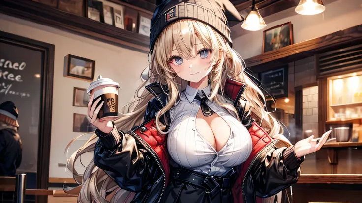 masterpiece, high quality, A pretty woman, Long hair, wavy hair, blond hair, grey eyes, smiling face, big breasts, juicy breasts, Open shirt, short skirt, black jacket, black beanie hat, Whole body , background of a coffee shop