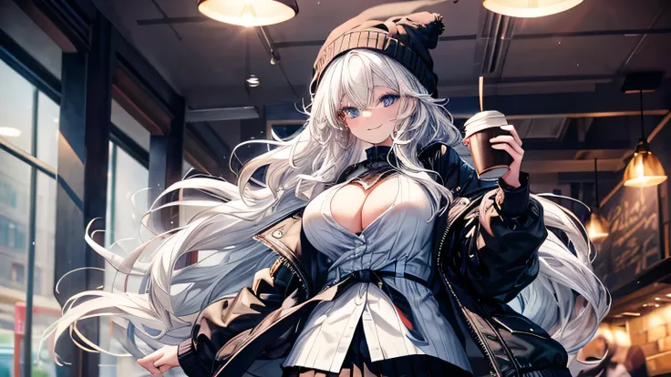 masterpiece, high quality, A pretty woman, Long hair, wavy hair, White hair, blue eyes, smiling face, big breasts, juicy breasts, Open shirt, short skirt, black jacket, black beanie hat, Whole body , background of a coffee shop