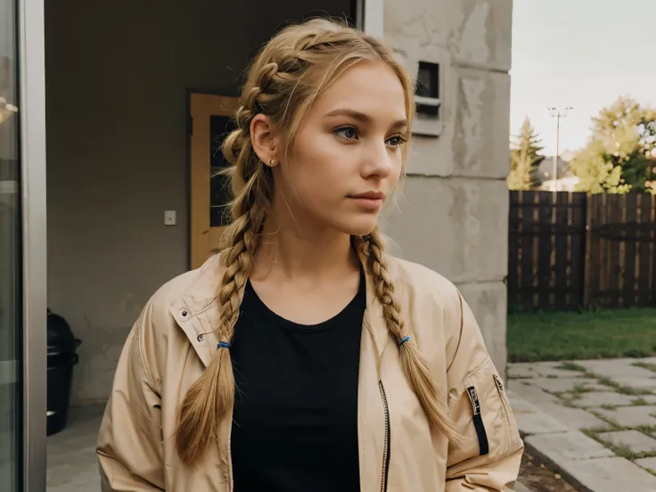 Girl blonde hair with braid with jacket