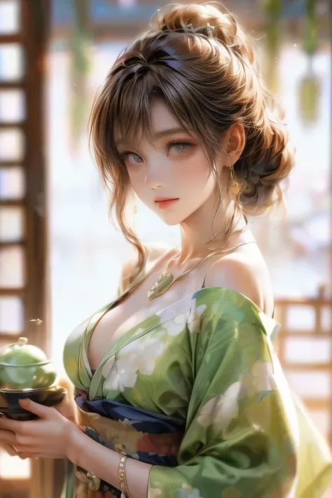 beautiful cute girl in open kimono, bare shoulder, bare breasts, middle-breasts, delicate porcelain matcha, steaming matcha tea, serene tranquil scene, detailed intricate kimono patterns, natural soft lighting, cinematic composition, beautiful detailed eye...