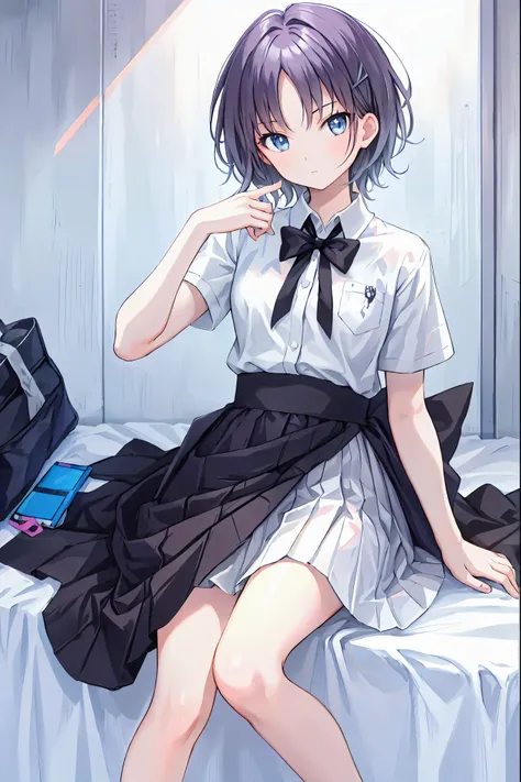 Black Hair，Shortcuts，Messy Hair，Slender beauty，A dignified posture，Small chest，Beautiful feet，Her captivating grey-blue eyes shine like stars，Highest quality，Beautiful face in every detail，cute，，(背の低いcute女の子，Little young student，Young and delicate girl）,（m...