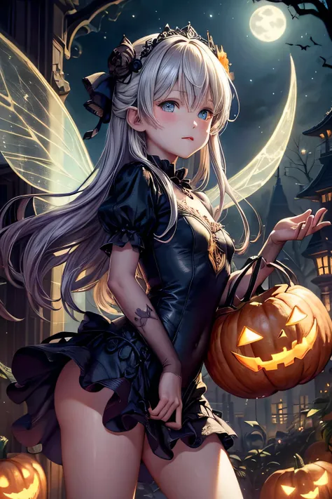 Childrens book illustration, hyper detailed airbrush by pino daeni, Macro photography of a very cute, very beautiful and charming halloween fairy with expressive eyes, perfect face, standing on a branch, cute, Shape A (short erotic halloween fairy outfit),...