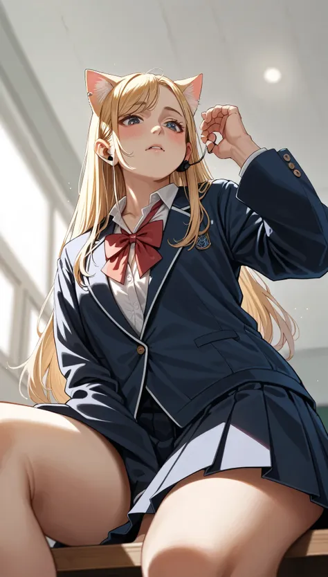 sitting, high resolution, long hair, chest, blushing, blonde, cat ear, blurred, earphone, school uniform, (from below:1.2)