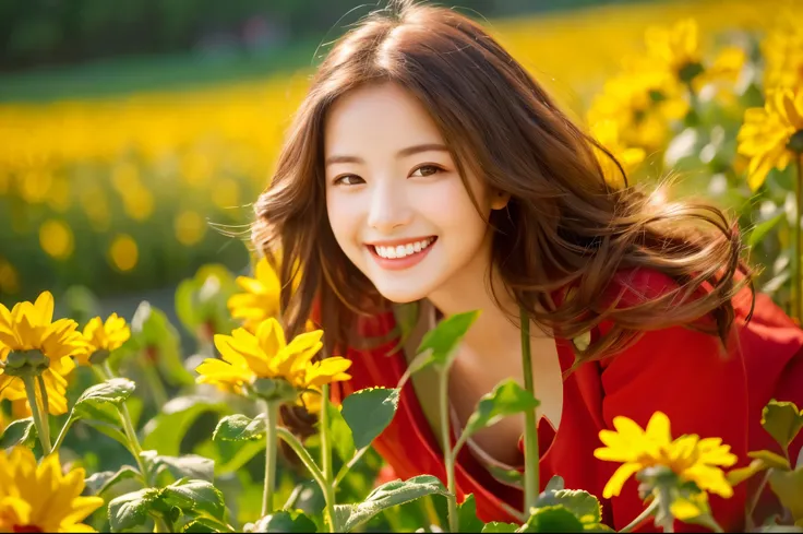 Highest quality　masterpiece　detailed　A very beautiful woman is smiling and wearing red clothes sitting in a sunflower field　Photo style　Dramatic Production　Fantasy