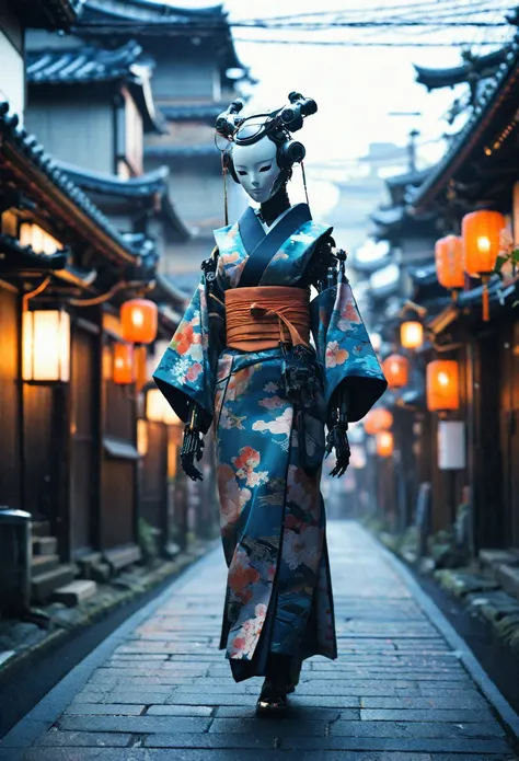 Creating an image of a female android in a beautiful kimono walking through the streets of Kyoto. The style is terrible, and the fusion of humans and robots has a mysterious and creepy atmosphere amidst the beauty. In the background is an old Japanese city...