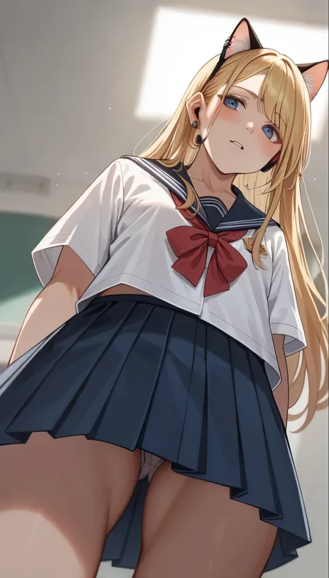 Standing, High resolution, Long Hair, chest, Blushing, Blonde, Cat ear, Blurred, earphone, school uniform, (from below:1.2)