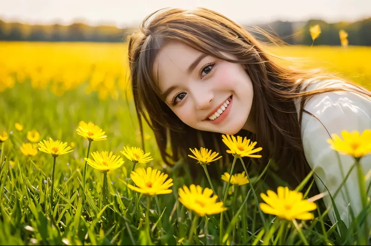 Highest quality　masterpiece　detailed　A very cute  is smiling and sitting in a dandelion field　Photo style　Dramatic Production　Fantasy