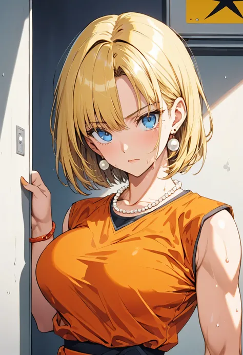 masterpiece, Highest quality, High resolution, (Artificial Human Room No. 18),1990s (style),(E-cup beautiful breasts)、height: 170cm,Sweating all over the body、muscular、((sexly))、(Browsing Caution),solo,Anime-style painting style, bionde, Blue eyes, Orange ...