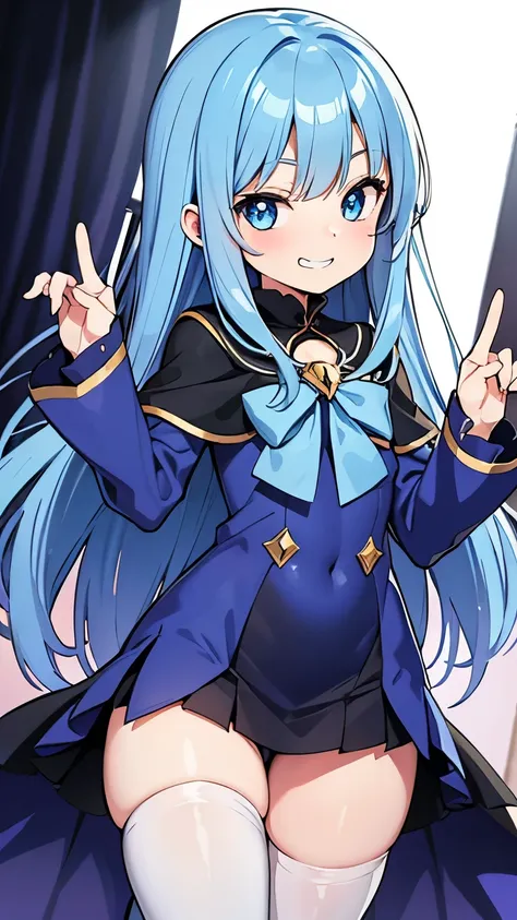 witch magical girl pygmy blue hair(long straight) light blue eyes, baby face, facial expression(grin) cat&#39;s mouth, big breas...