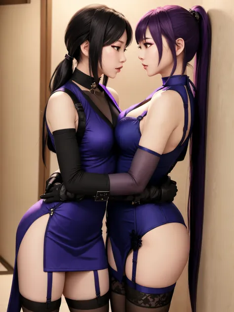 sexy ayane and kasumi from doa (dead or alive), 2 girls, wearing sexy traditional tight asian dresses, wearing dress, noble eleg...