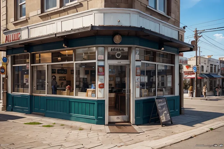 Facade of a diner named "Alfredus". The image is photorealistic, high resolution, hyper-detailed