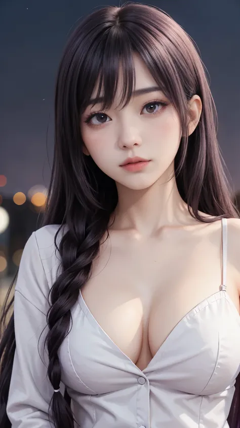 background（Black Night Sky，Big Moon），Close-up of a woman，Wearing a white shirt、Purple Hair，Very long hair，very thick braids，Purple eyes，big ， realistic girl rendering, 8k artistic german bokeh, Enchanting girl, Real Girl, Gurwitz, Gurwitz-style artwork, Gi...