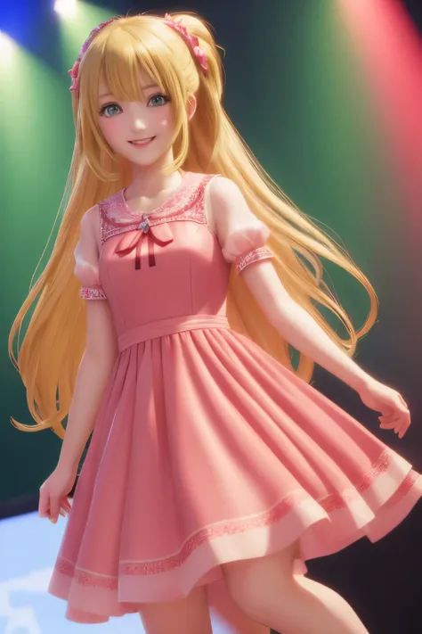 1girl,,b-komachi dress,cute dress,karuizawa kei, long hair, pink dress,blonde hair, green eyes, smiling on stage,half body photo, ultra detail, ultra HD, masterpiece, stunning