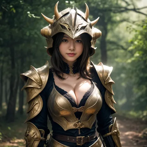 Professional , ​masterpiece、top-quality、photos realistic , depth of fields 、（Dragon Black Metal Body:1.９),(Mattretto、（cleavage of the breast）、Dragon Gold Weapon、（Plate Armor:1.４),Gorgeous gold weapons ,Particles of light、Particles of light、（（ Dragons dense...