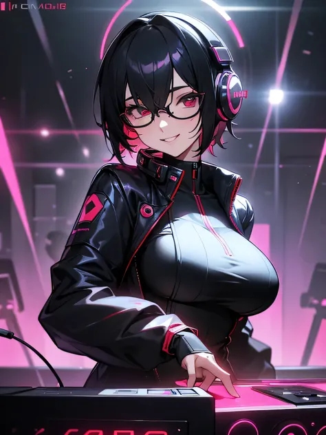 cyber punk,Music Clubs, Nightclub, One person,Female DJ,Early 20s,Black-rimmed round glasses,Black short hair,Headphones,smile,Red rubber jacket,Large breasts, Vibrant appearance, Playful accessories,Sensual, Sharp Eyes,