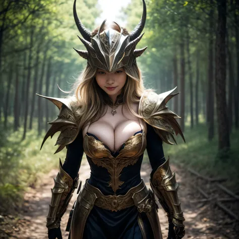 Professional , ​masterpiece、top-quality、photos realistic , depth of fields 、（Dragon Black Metal Body:1.９),(Mattretto、（cleavage of the breast）、Dragon Gold Weapon、（Chinese Plate Armor:1.４),Gorgeous gold weapons ,Particles of light、Particles of light、（（ Drago...