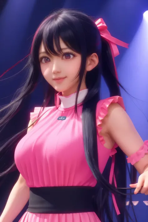 1girl,ai hoshino,pink idol clothes,On stage ,Holding a mic, singing, , long hair, black hair, black eyes, very big breasts, slight smile,close up photo, ultra detail, ultra HD, masterpiece, stunning