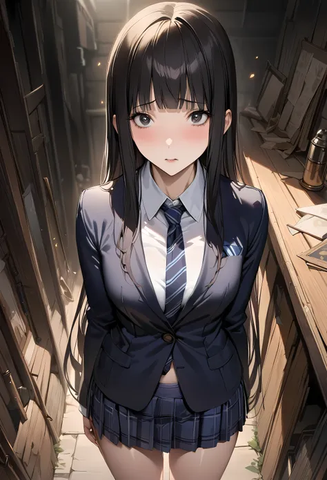 Fantasy art、((masterpiece,best quality anime,Highest quality:1.3)),realistic,portrait,1woman,(Mature Beauty),((very small head:1.4)),((very long body:1.3)),long hair,black hair,bangs,(gorgeous big eyes),black eyes,shy,(School uniform、Dark blue blazer jacke...