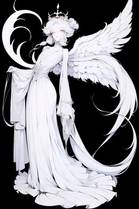 Full body portrait of 1 girl, angelicales, Angel wings, Gorgeous long dress, standing on your feet, (((solo))), Clear facial features, Simple line design, ((Solid black background)), tarot design, Standing drawings of characters, ((flatcolors)), (tmasterpi...