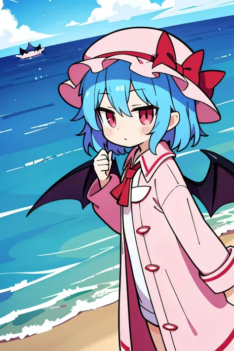 Remilia Scarlet，Blue Hair，summer，Leisure，Pink coat，Bat Wings，hat，ocean，unsatisfied