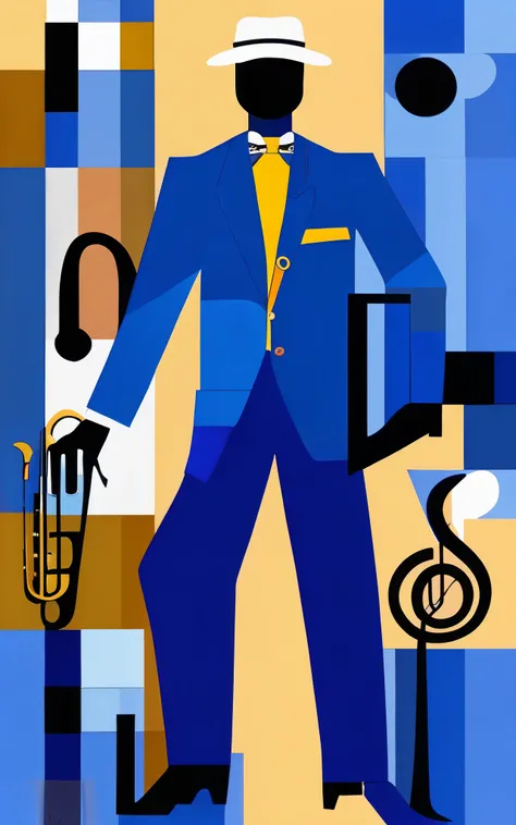 Romale Biadenstyle - Create an image of Jazz in Blue in the style of Peter Blake