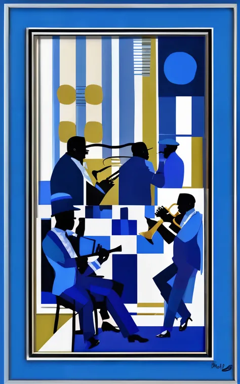 Romale Biadenstyle - Create an image of Jazz in Blue in the style of Peter Blake