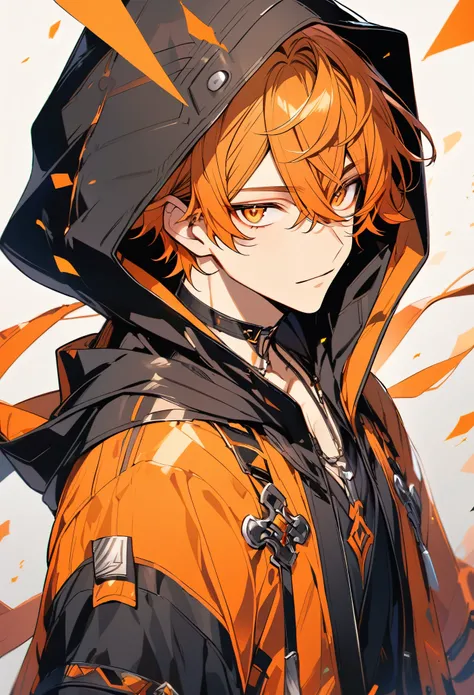 solo, handsome, 1 male, short hair, orange hair, orange eyes, black hood