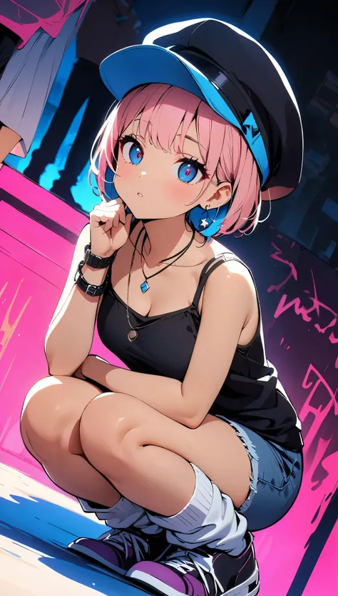 (high quality, 8k, 4K, High Contrast, masterpiece:1.2, 最high quality, Best aesthetics),high angle shot, full shot, 6 heads, Newsboy cap:1.1, ((1 female)),((Crouching:1.5)), ((Low light graffiti background:1.3)), ((Flat Color)),High Contrast, Contrasting co...