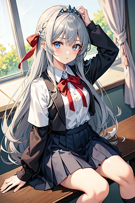 Masterpiece, highest quality, alisamikhailovna kujou, long hair, bangs, blue eyes, tiara, ahoge, gray hair, red ribbon,school uniform, classroom