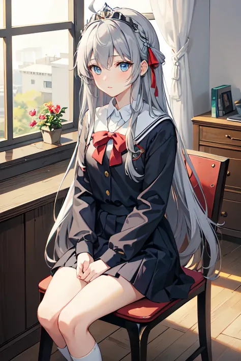 Masterpiece, highest quality, alisamikhailovna kujou, long hair, bangs, blue eyes, tiara, ahoge, gray hair, red ribbon,school uniform, classroom, sitting on chair, knees up