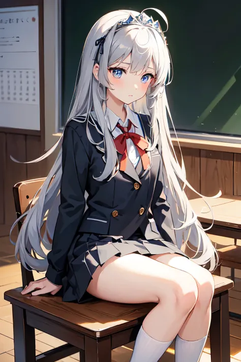 Masterpiece, highest quality, alisamikhailovna kujou, long hair, bangs, blue eyes, tiara, ahoge, gray hair, red ribbon,school uniform, classroom, sitting on chair, knees up, ((looking away)), panty shot, light blue panty, nsfw, school shoes