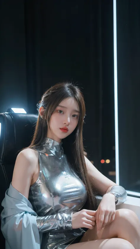 (masterpiece, ultra-realistic, best quality) A futuristic young woman with a slender and athletic build, Hanna Yoojin, wearing a sleek, metallic bodysuit with glowing neon accents. Her short, silver hair is slightly tousled, and her eyes are glowing with a...