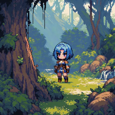 (masterpiece, Highest quality:1.2), Pixel art,land，,There is a mysterious cave in the forest,Blue haired female warrior,Short hair