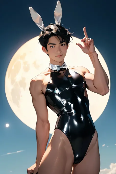 　　Japanese　　Handsome model　male　　smile　　　Black Hair　　Short cut　Short hair　　　looking at the camera　　　　　Shiny full-body silver leotard　Mega Bulge　　looking at the camera　future world　 　　There is one full moon in the background　　　Face close-up　Bunny ears　　　Met...