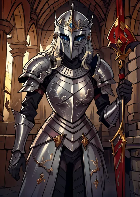 masterpiece, best quality, 1female, solo, medieval knight, helmet, face not visible, medieval armor, face covered, classic medieval helmet