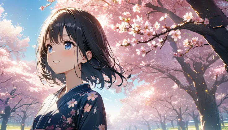 one girl, black short hair and bob hair、beautiful blue eyes、smile、gentle smile on her face、flat chest, one Beautiful girl,((masterpiece, illustration, best quality) ((ultra-detailed))Sunny day, standing under the cherry blossoms, Clothing、Japanese dress、Wh...