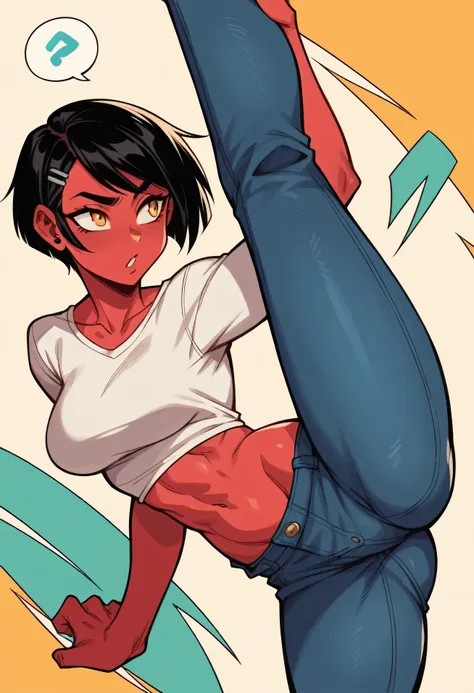 High angles,A teenage Rhood girl named Redna Clareta in a comic book style. She has short black hair in a bob cut, golden amber eyes, athletic,and a rebellious expression. She has a streetwear style, a vivid red skin tone, and is known for being outspoken....