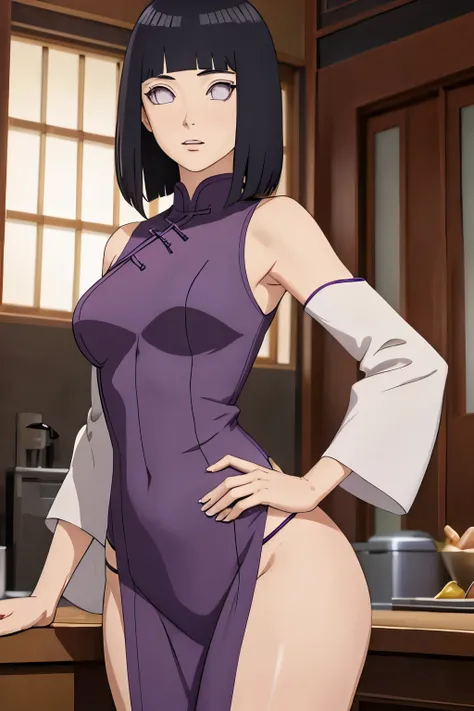 masterpiece, hinata (boruto), 1girl, solo, mature female, goddess of beauty, image from behind, perfect hips, slim waist, visible curves, chinese cheongsam, looking back at camera, perfect composition, detailed lips, beautiful face, perfect body proportion...