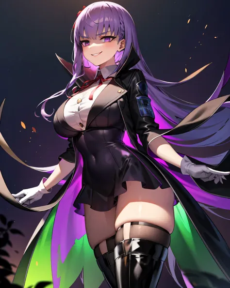 isoscale, mid shot,  night, ,,, purple hair, black jacket, white shirt, black skirt, red ribbon, big breasts, purple eyes, white...