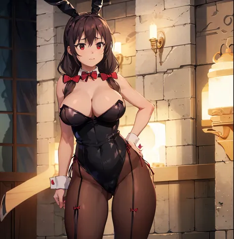 1 girl, alone, Yunyun, portrait of, upper body, close-up, large breasts, narrow waist, wide thighs, wide hips, (( looking at viewer)), braid on crown, ((black Playboy bunny outfit :1.4)),((neckline:1.3)), black headband:1.3,fake bunny ears:1.3,two low pigt...