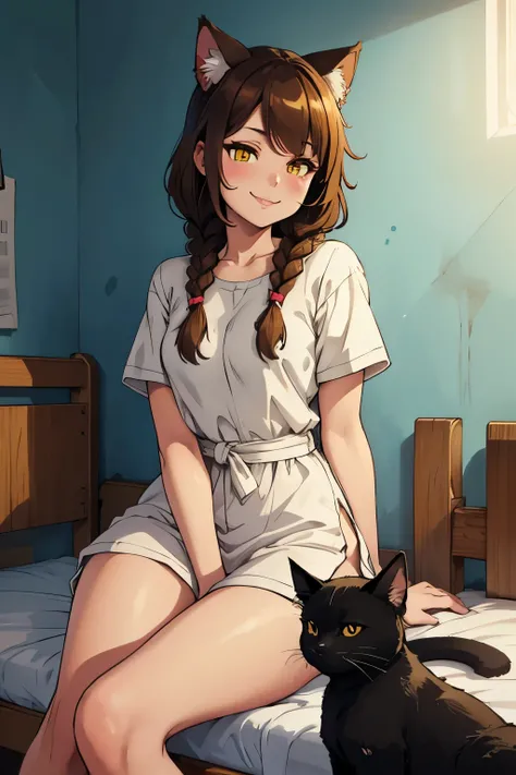 ..... sexly.... Smiling , soft, cute adult neko with cat ears, medium length luscious brown hair with 1 short braid near the face, yellow eyes,..... in home clothes, sits on a narrow bed in a small room of a dirty old Soviet student hostel in Gatchina, pai...