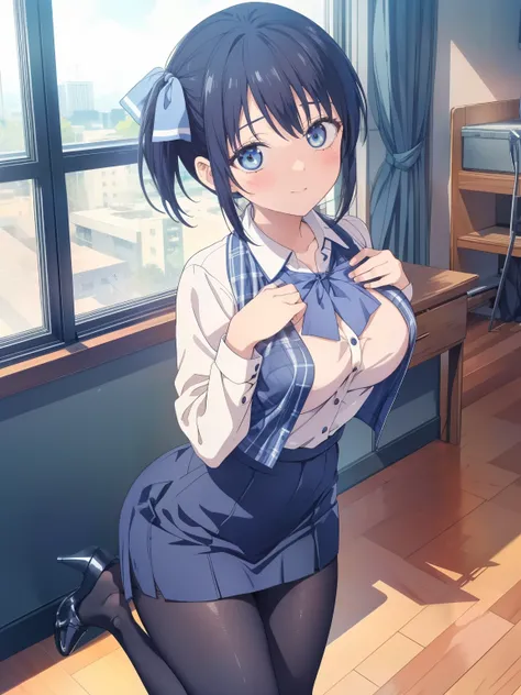 Highest quality, flying debris、Beautiful woman、officeレディー、Black Hair、(Brown eyes、Big Breasts、Blunt bangs)、short hair、Dark blue checked office suit)、new employee,Full Body Shot、Female office lady、break(Dark blue checked vest、White dress shirt、Navy blue mini...