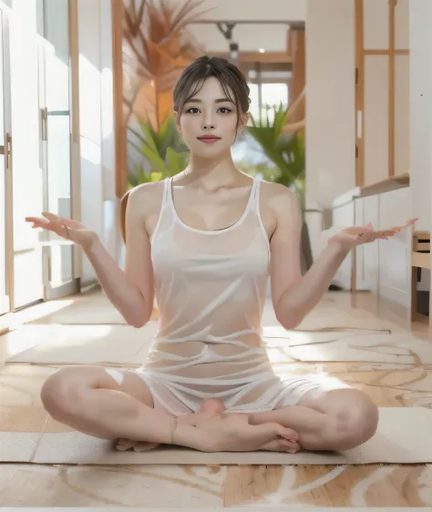 {{woman sitting on a mat in a yoga pose:１８age:double eyes}},, sitting pose,{tight tank top:see-through}, a gentle and loving pos...