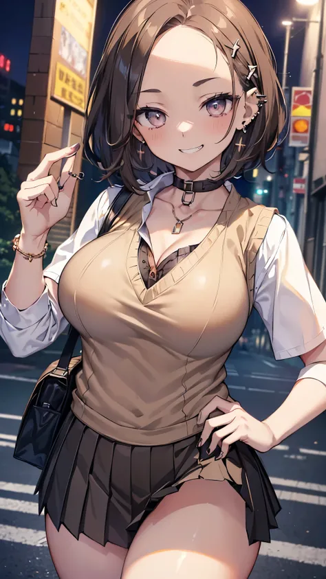 ((masterpiece、Highest quality、Very detailed))、One person、gyaru、Black Hair、short hair、((forehead))、Grey Eyes、evil smile、((Grin))、((lots of piercing))、Large Breasts、((White collared shirt))、((clavicle))、((lightbrown sweatervest))、((Black pleated skirt))、Thic...