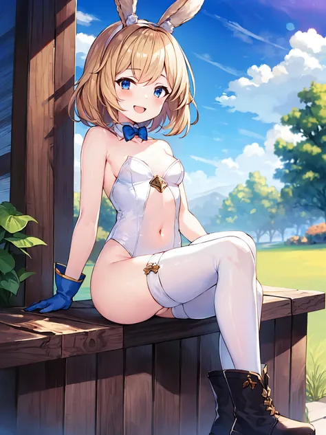 GRANBLUEfantasy,1young_teen_ girl,brown_hair,medium_bob_hair,platina_blond_hair,white_leotard,covered_crotch,thigh-highs,smile,standing,bluesky_landscape_background,slightly_spread_legs,happiness, short_gloves ,solo, r18, navel,relicbuster,short,boots,open...