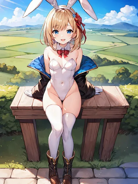 GRANBLUEfantasy,1young_teen_ girl,brown_hair,medium_bob_hair,platina_blond_hair,white_leotard,covered_crotch,thigh-highs,smile,standing,bluesky_landscape_background,slightly_spread_legs,happiness, short_gloves ,solo, r18, navel,relicbuster,short,boots,open...